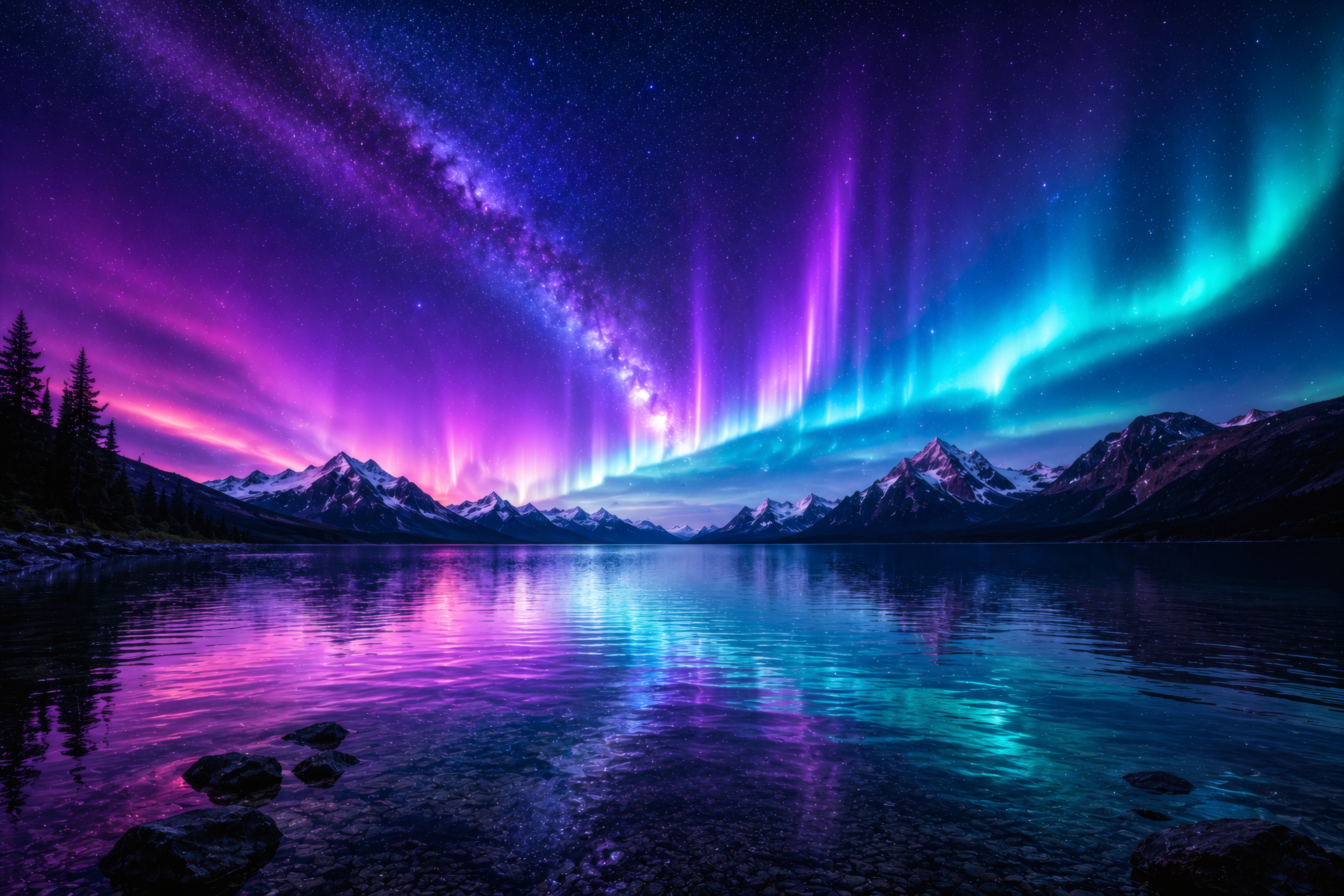 Aurora Over the Cosmos: A Mirror Reflection wallpaper preview