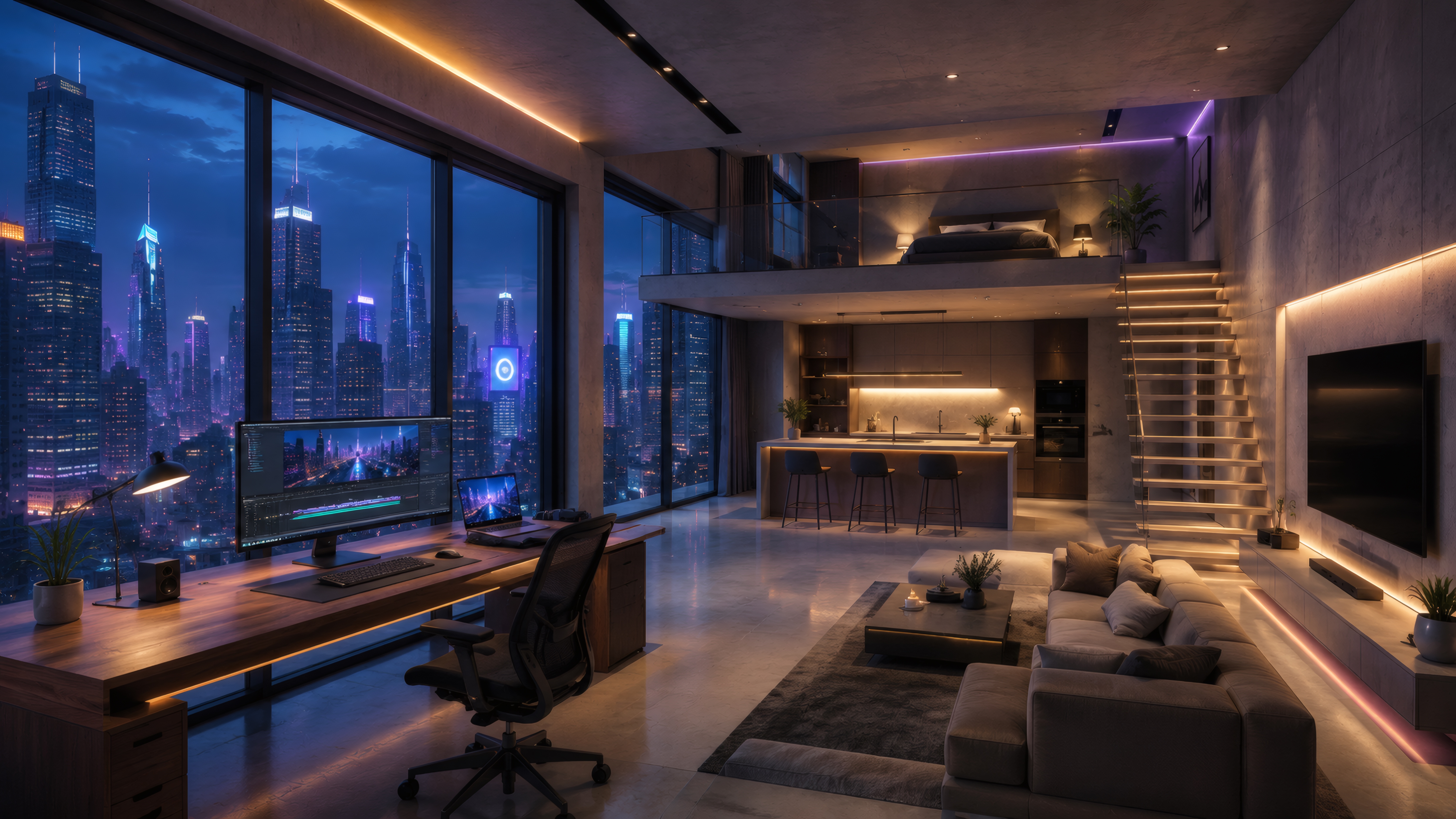 Cyberpunk Workspace Penthouse wallpaper preview